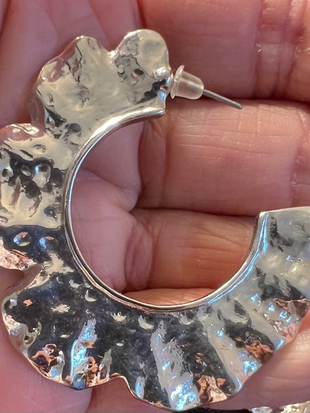 Silver Tone 50mm Contemporary Hammered Post Back Earrings